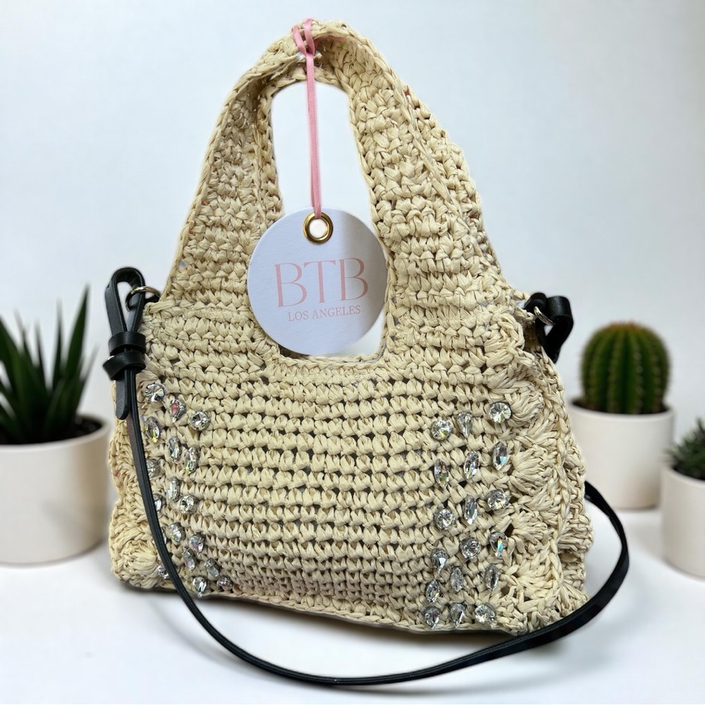 BTB Los Angeles Bardo Crystal Mini Straw Tote – NEW w/ Tags Summer Resort Bag